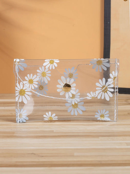Transparent Floral Pattern Lightweight Portable Women's White Collar Card Holder, Holiday Birthday Anniversary Gift Accessory, Hibiscus Pattern Student Supplies Card Holder Wallet, Women's Small Walle