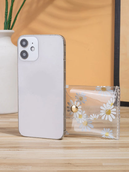 Transparent Floral Pattern Lightweight Portable Women's White Collar Card Holder, Holiday Birthday Anniversary Gift Accessory, Hibiscus Pattern Student Supplies Card Holder Wallet, Women's Small Walle