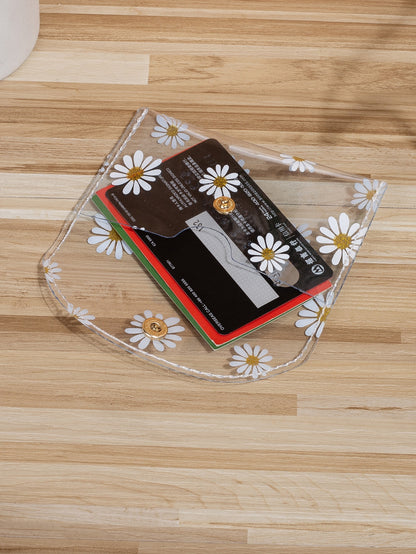 Transparent Floral Pattern Lightweight Portable Women's White Collar Card Holder, Holiday Birthday Anniversary Gift Accessory, Hibiscus Pattern Student Supplies Card Holder Wallet, Women's Small Walle