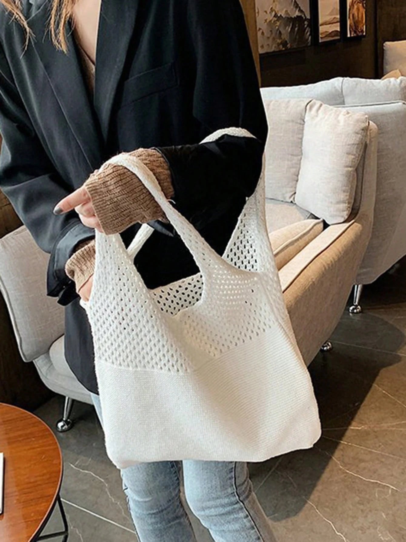 Tropiscape Crochet Knitted Large Capacity Shoulder Bag Vacay Vibes Vacation Relax Beach Autumn Winter Gifts Cottagecore,SummerOutfit