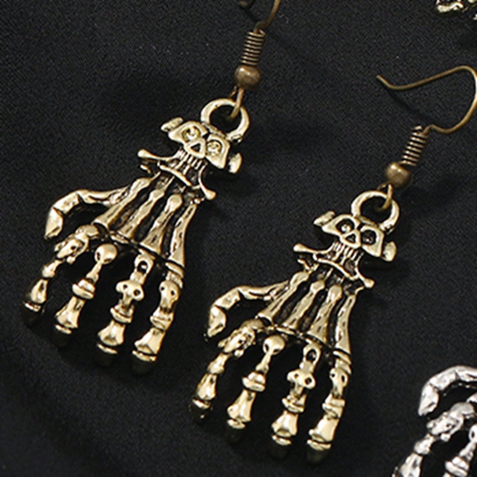 Two Tone Vintage Alloy Skeleton Hand Dangle Earrings Carved Bone Women Halloween Goth Dark Party Costume Ear Accessory