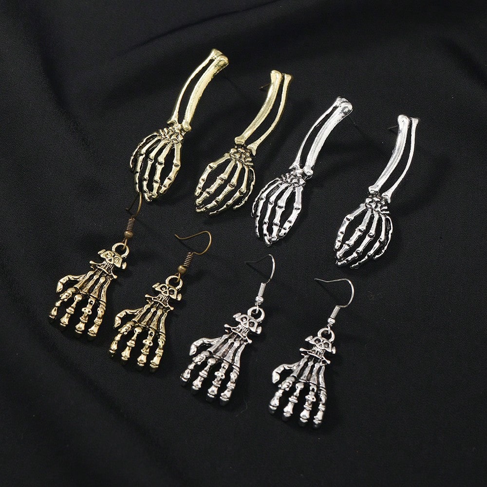 Two Tone Vintage Alloy Skeleton Hand Dangle Earrings Carved Bone Women Halloween Goth Dark Party Costume Ear Accessory