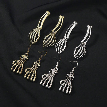 Two Tone Vintage Alloy Skeleton Hand Dangle Earrings Carved Bone Women Halloween Goth Dark Party Costume Ear Accessory