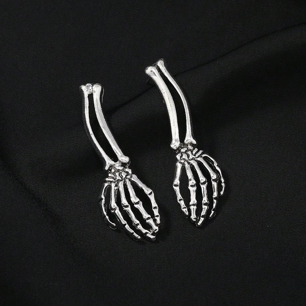 Two Tone Vintage Alloy Skeleton Hand Dangle Earrings Carved Bone Women Halloween Goth Dark Party Costume Ear Accessory