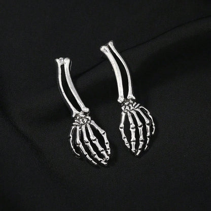 Two Tone Vintage Alloy Skeleton Hand Dangle Earrings Carved Bone Women Halloween Goth Dark Party Costume Ear Accessory