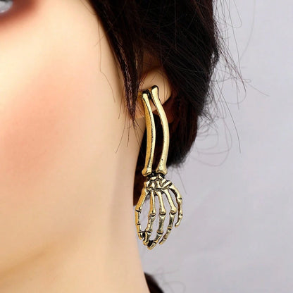 Two Tone Vintage Alloy Skeleton Hand Dangle Earrings Carved Bone Women Halloween Goth Dark Party Costume Ear Accessory
