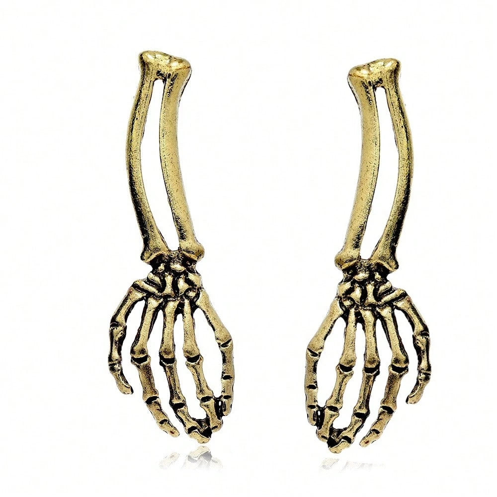 Two Tone Vintage Alloy Skeleton Hand Dangle Earrings Carved Bone Women Halloween Goth Dark Party Costume Ear Accessory