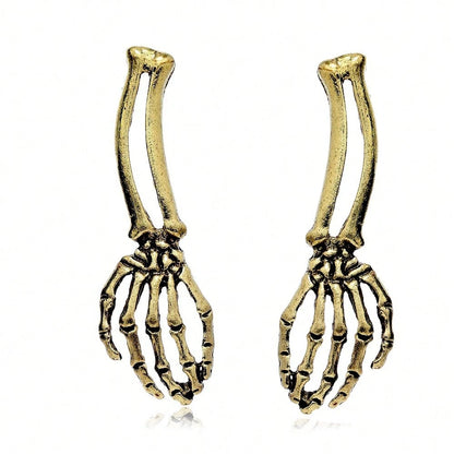 Two Tone Vintage Alloy Skeleton Hand Dangle Earrings Carved Bone Women Halloween Goth Dark Party Costume Ear Accessory
