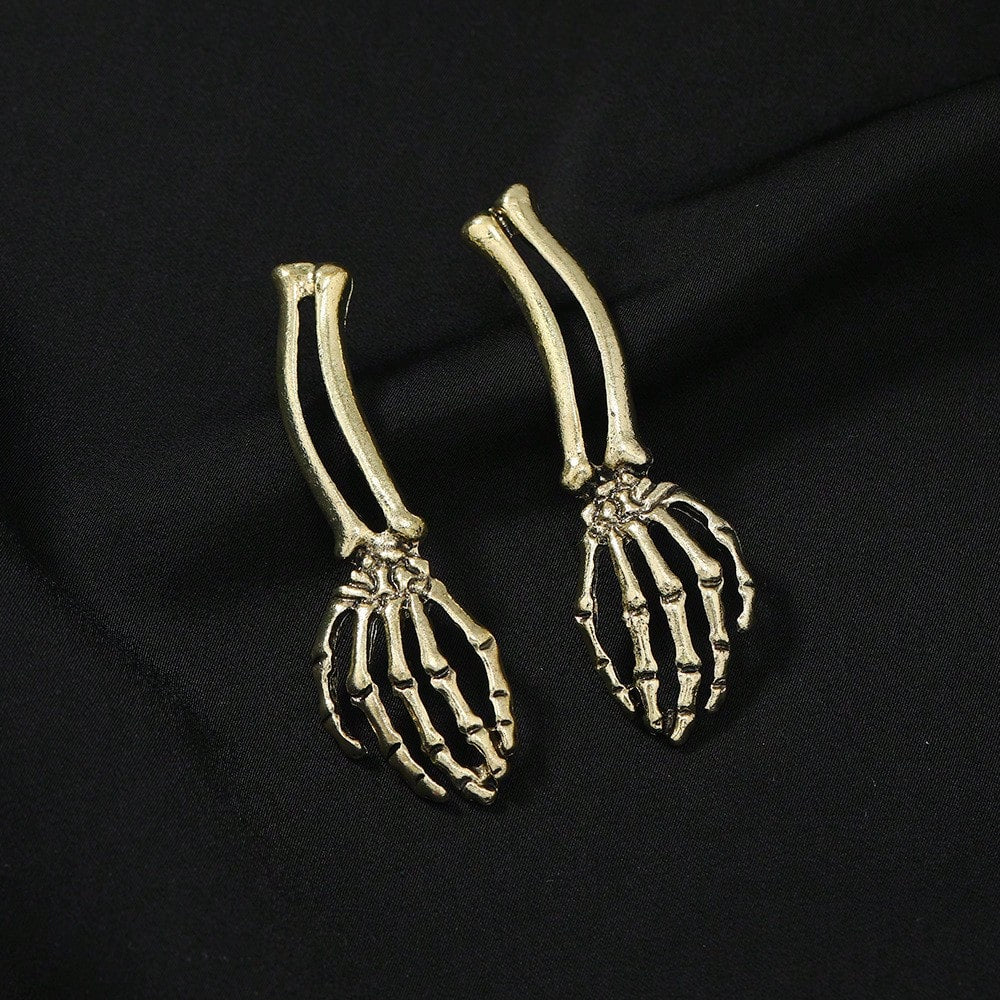 Two Tone Vintage Alloy Skeleton Hand Dangle Earrings Carved Bone Women Halloween Goth Dark Party Costume Ear Accessory