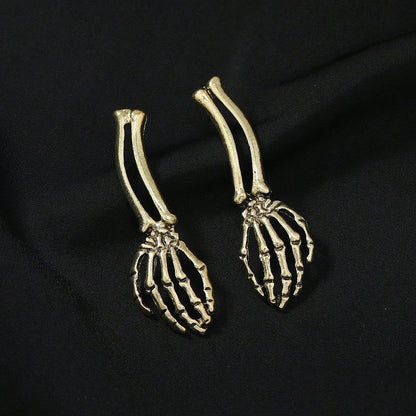 Two Tone Vintage Alloy Skeleton Hand Dangle Earrings Carved Bone Women Halloween Goth Dark Party Costume Ear Accessory