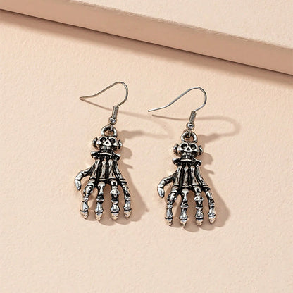 Two Tone Vintage Alloy Skeleton Hand Dangle Earrings Carved Bone Women Halloween Goth Dark Party Costume Ear Accessory