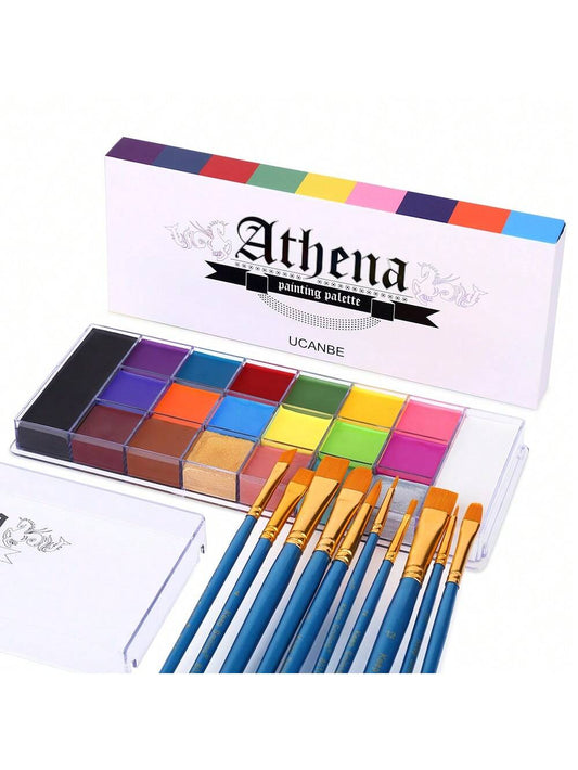 UCANBE Face Body Paint Set- Athena Painting Palette,10 Professional Artist Brush,Large Deep Pan Ideal For Halloween Cosplay Party SFX Arty Stage Makeup