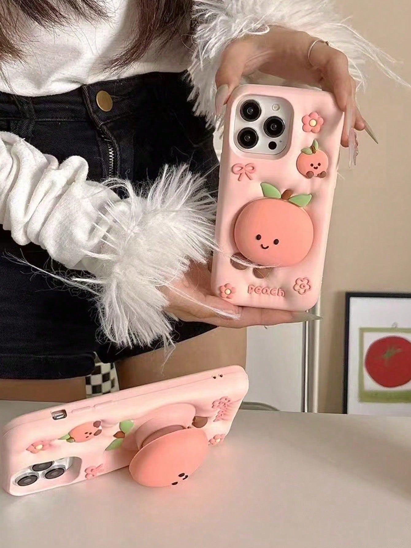 Ugly Cute Interesting Pink Silicone Stand Phone Case Cute Cartoon Peach Jelly Cat Pattern Soft Silicone Phone Case Compatible With Iphone 17 Pro Max/15 Pro Max/14 Pro/13, Shockproof Protective Cover