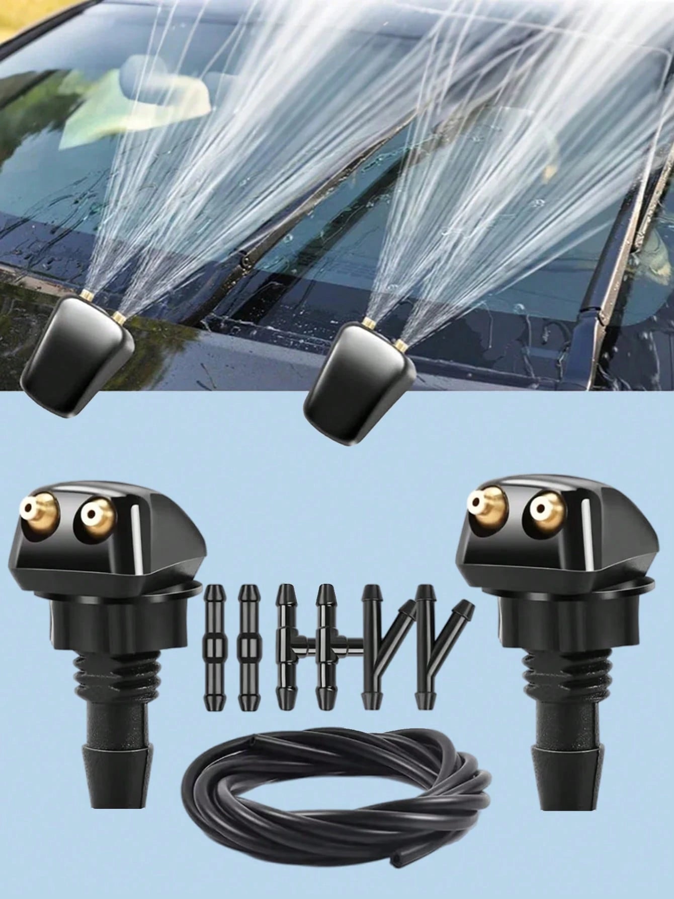 Universal Adjustable Windshield Washer Nozzle Set- 9-Piece Kit Includes Nozzle Hose Connector, Dual Hole Design For Improved Cleaning Efficiency, Durable Plastic Material, Easy Installation Fits Most