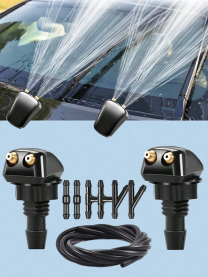 Universal Adjustable Windshield Washer Nozzle Set- 9-Piece Kit Includes Nozzle Hose Connector, Dual Hole Design For Improved Cleaning Efficiency, Durable Plastic Material, Easy Installation Fits Most
