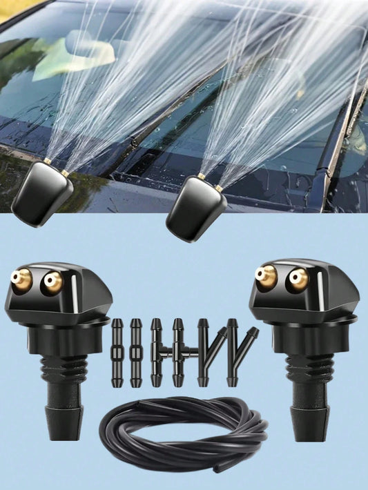 Universal Adjustable Windshield Washer Nozzle Set- 9-Piece Kit Includes Nozzle Hose Connector, Dual Hole Design For Improved Cleaning Efficiency, Durable Plastic Material, Easy Installation Fits Most