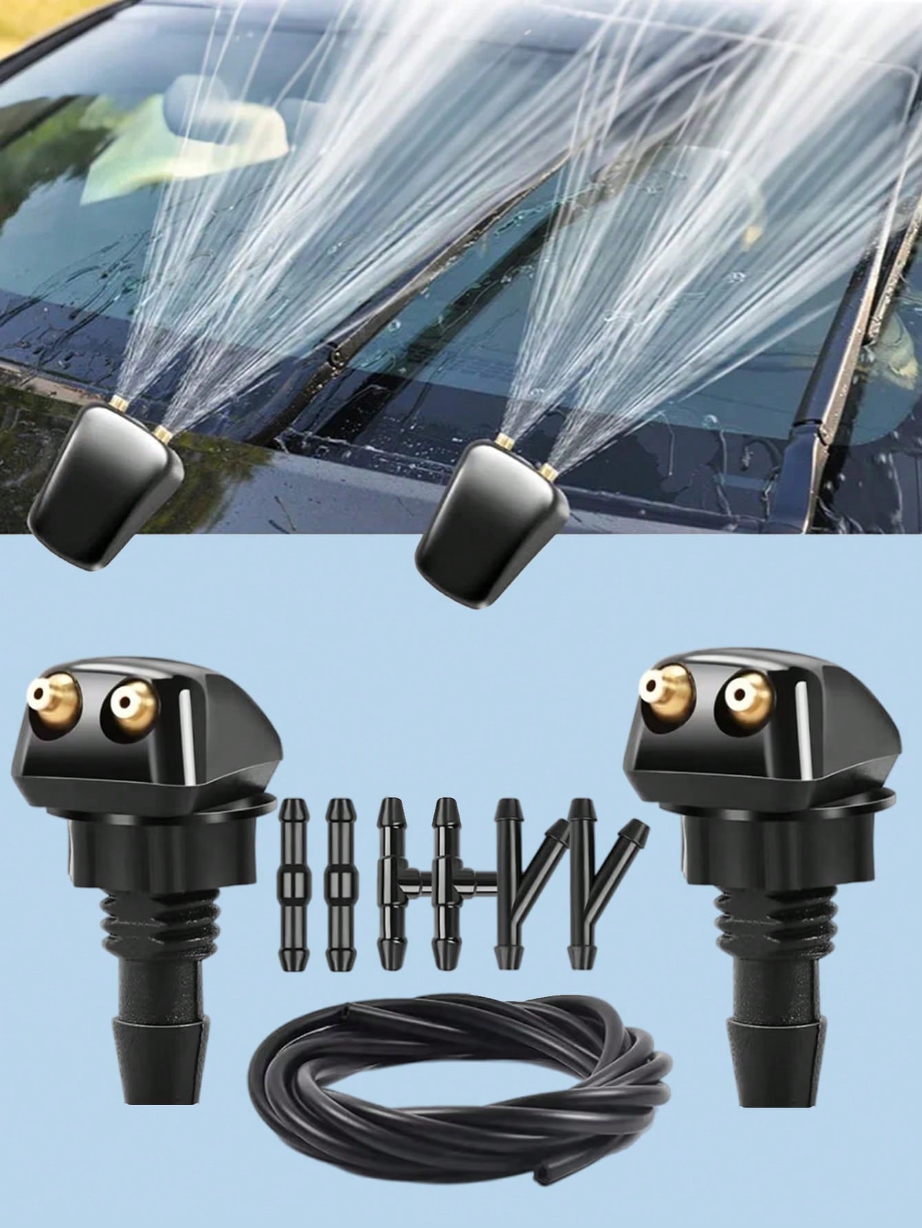 Universal Adjustable Windshield Washer Nozzle Set- 9-Piece Kit Includes Nozzle Hose Connector, Dual Hole Design For Improved Cleaning Efficiency, Durable Plastic Material, Easy Installation Fits Most