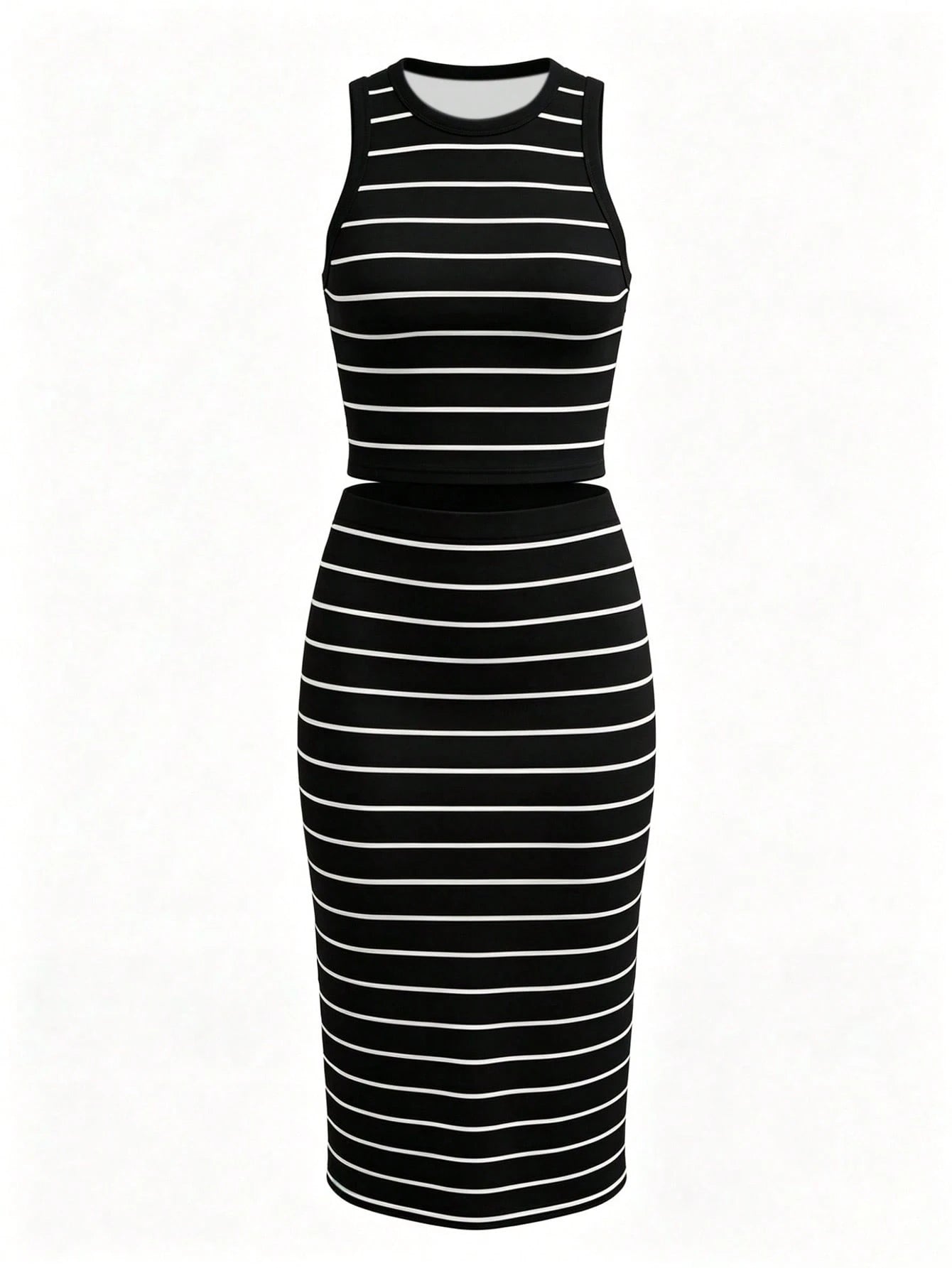 UREREM Women's Striped Contrast Color Casual Elegant Party Ribbed Slit Beach Vest And Skirt 2-Piece Set Black Summer, Vacationcore, Resort Wear