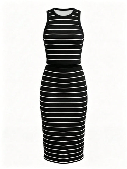 UREREM Women's Striped Contrast Color Casual Elegant Party Ribbed Slit Beach Vest And Skirt 2-Piece Set Black Summer, Vacationcore, Resort Wear