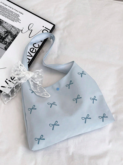Vacation Beach Bag With Bow & Floral Print, Shoulder/Underarm Tote Bucket Bag With Scarf, New Design For Women