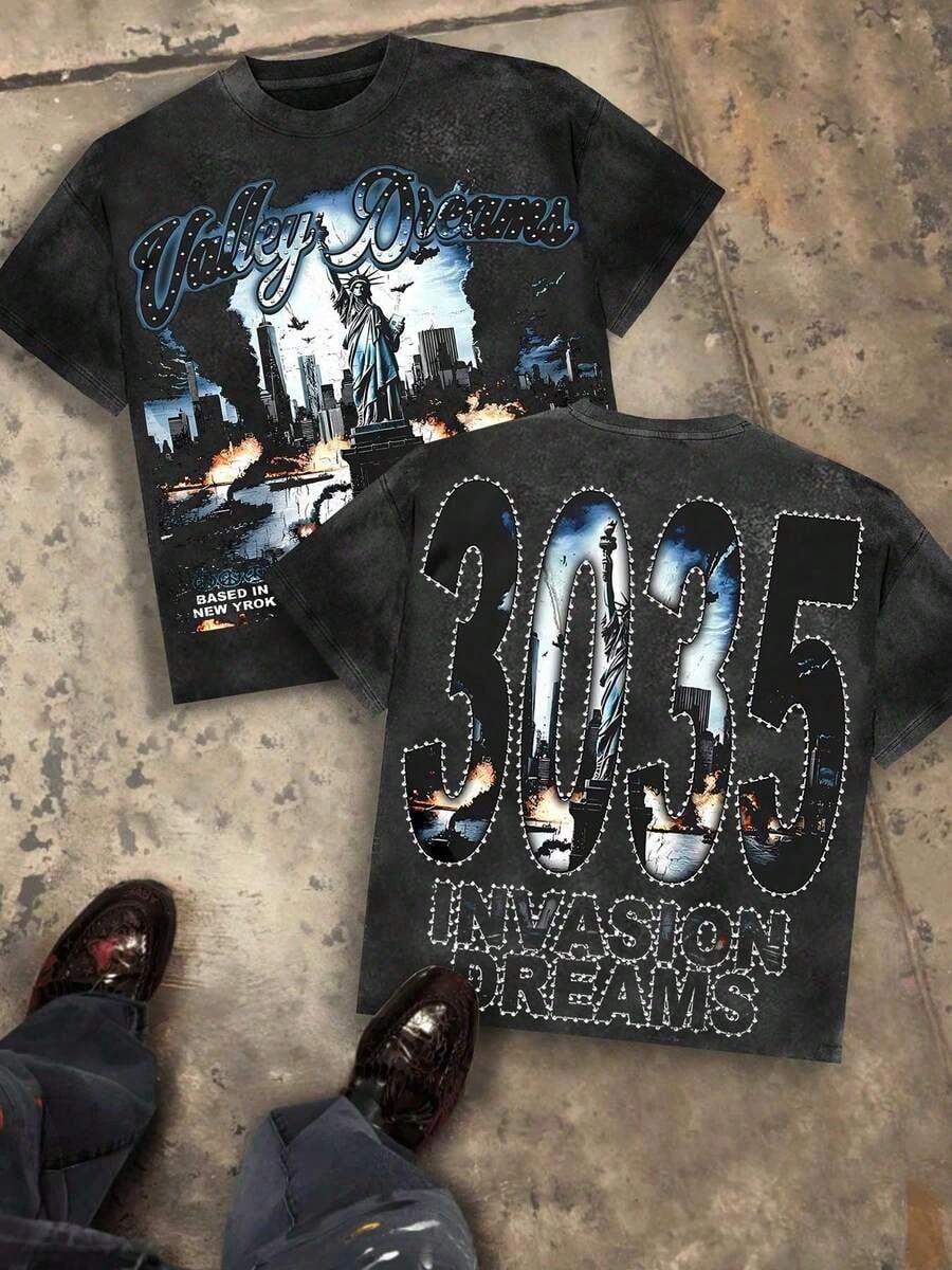 Valley Dreams Statue Of Liberty & City Explosion & "3035 INVASION DREAMS" Text 230g Combed Washed Cotton T-Shirt, Street Short-Sleeve Top, American