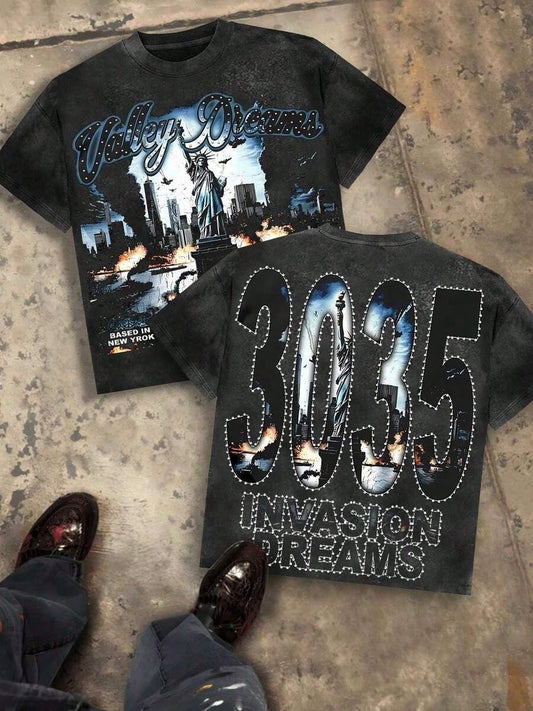 Valley Dreams Statue Of Liberty & City Explosion & "3035 INVASION DREAMS" Text 230g Combed Washed Cotton T-Shirt, Street Short-Sleeve Top, American