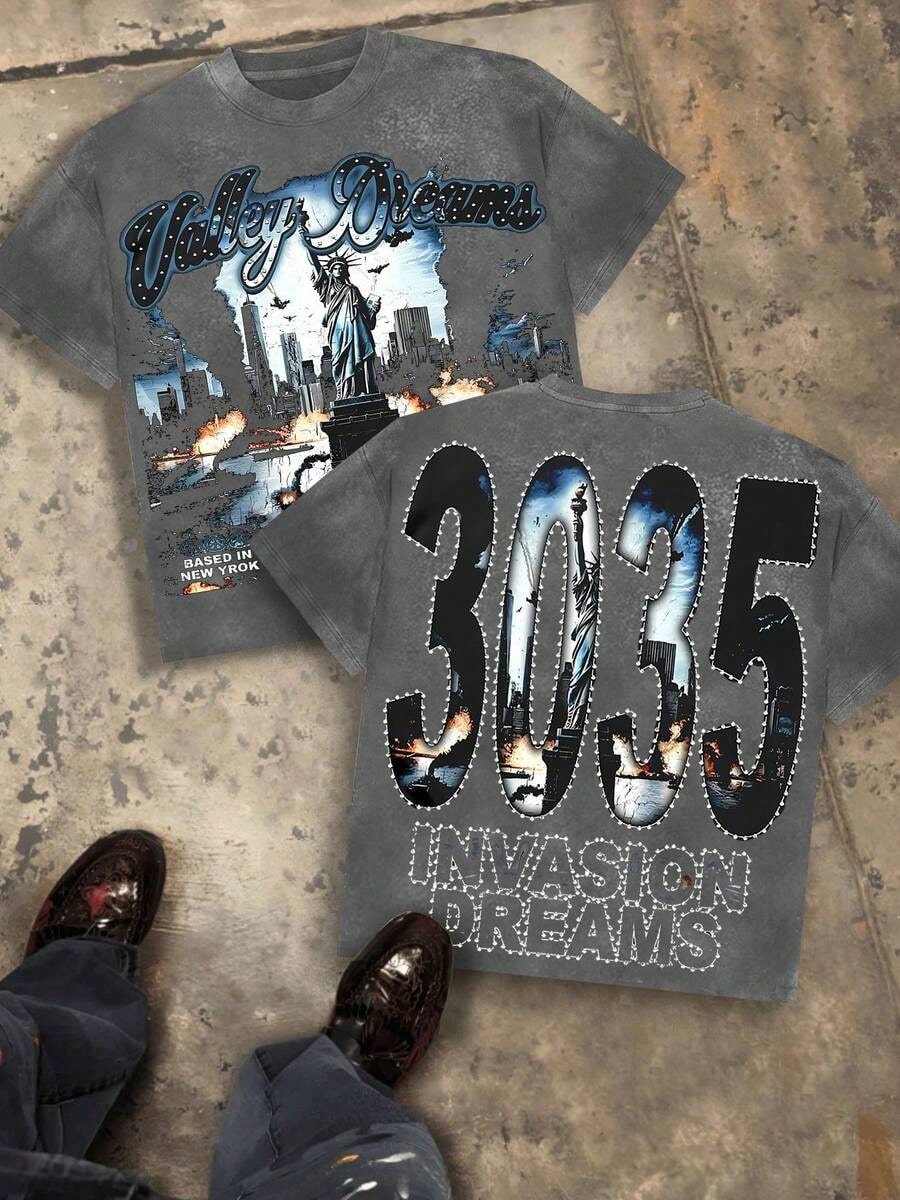 Valley Dreams Statue Of Liberty & City Explosion & "3035 INVASION DREAMS" Text 230g Combed Washed Cotton T-Shirt, Street Short-Sleeve Top, American
