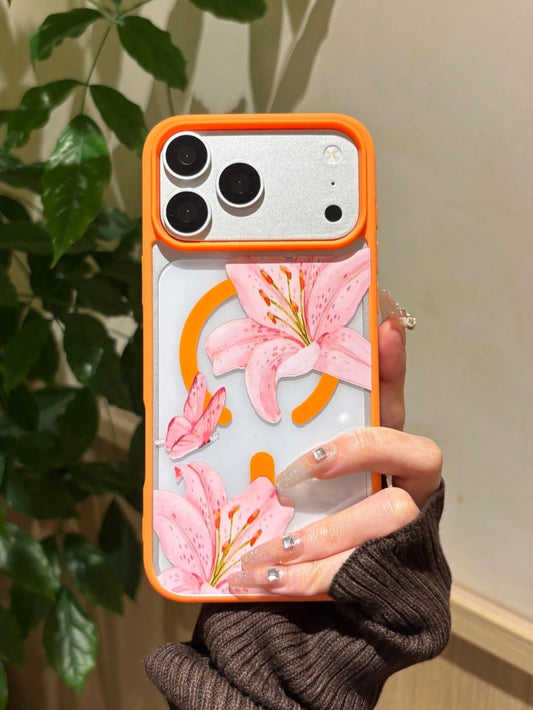 Vibrant Contrast Orange Frame Transparent Acrylic Phone Case, Watercolor Pink Lily & Butterfly Print, Ins Versatile Phone Case, Supports Wireless Charging, Compatible With Apple 17/17 Pro/17 Pro Max
