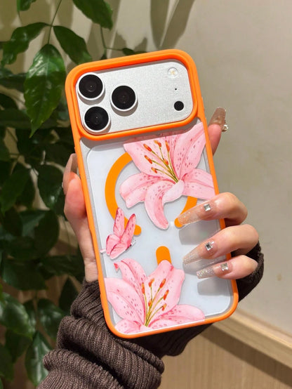Vibrant Contrast Orange Frame Transparent Acrylic Phone Case, Watercolor Pink Lily & Butterfly Print, Ins Versatile Phone Case, Supports Wireless Charging, Compatible With Apple 17/17 Pro/17 Pro Max