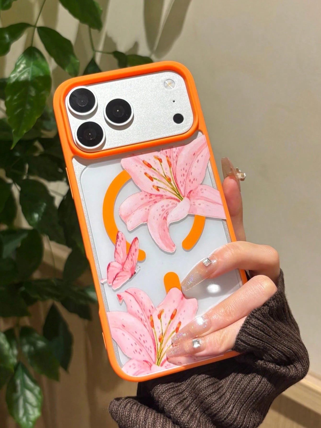 Vibrant Contrast Orange Frame Transparent Acrylic Phone Case, Watercolor Pink Lily & Butterfly Print, Ins Versatile Phone Case, Supports Wireless Charging, Compatible With Apple 17/17 Pro/17 Pro Max