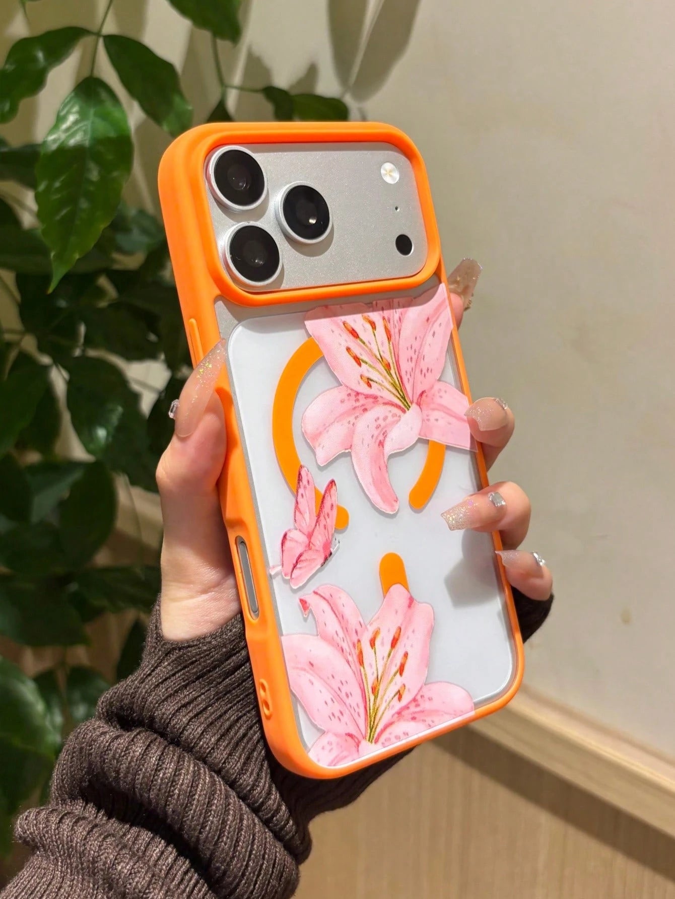 Vibrant Contrast Orange Frame Transparent Acrylic Phone Case, Watercolor Pink Lily & Butterfly Print, Ins Versatile Phone Case, Supports Wireless Charging, Compatible With Apple 17/17 Pro/17 Pro Max
