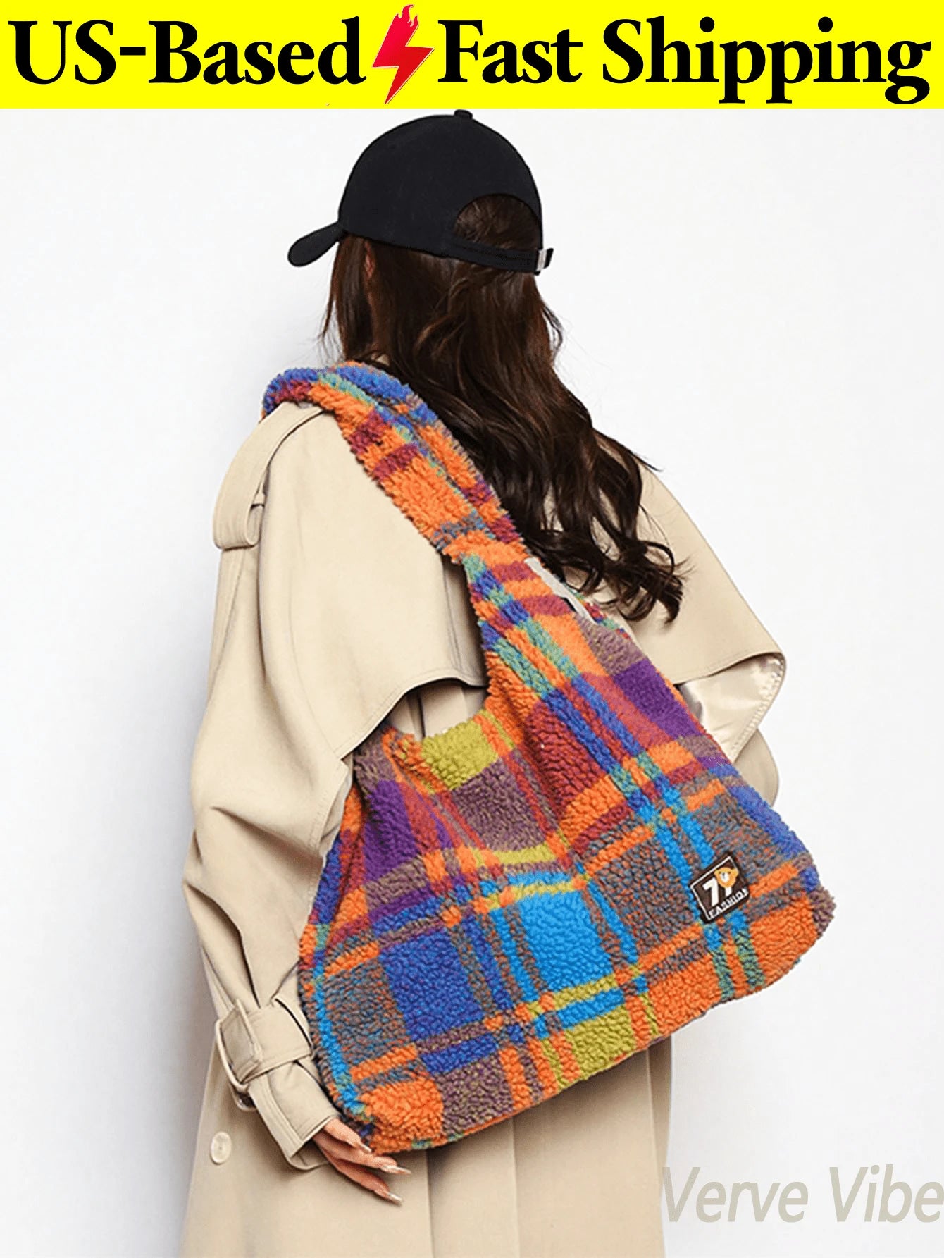 Vintage Crescent Underarm Bag For Women Plaid Shoulder Bag Plush Tote Bag Large Capacity Handbag For Commuting Daily Shopping Graduation BackToSchool