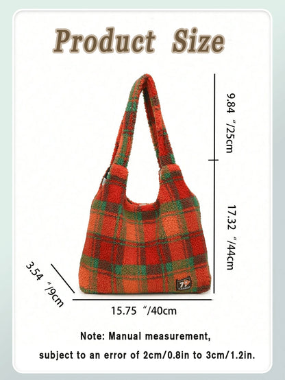 Vintage Crescent Underarm Bag For Women Plaid Shoulder Bag Plush Tote Bag Large Capacity Handbag For Commuting Daily Shopping Graduation BackToSchool