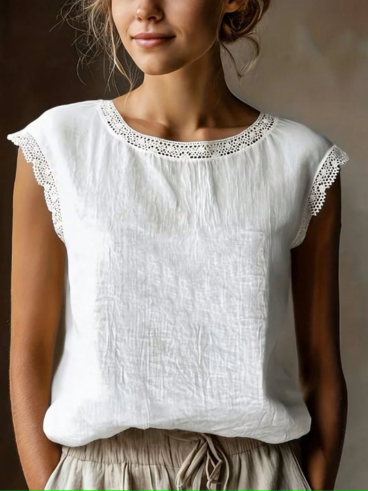 Vintage Linen Blend Short Sleeve Top For Women, Lace Patchwork Round Neck Loose Fit Breathable Linen Blend T-Shirt, Summer White, Minimalist