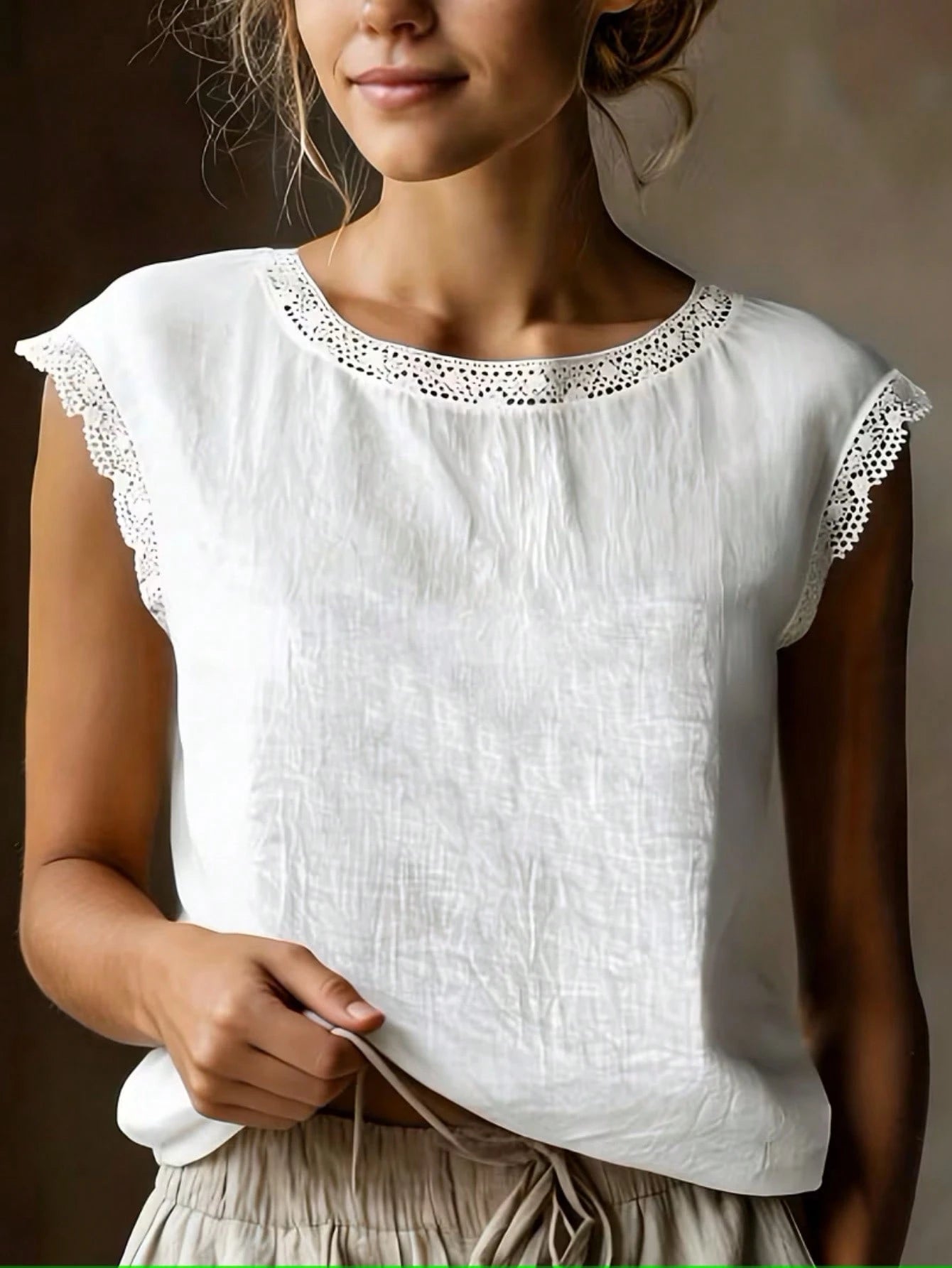 Vintage Linen Blend Short Sleeve Top For Women, Lace Patchwork Round Neck Loose Fit Breathable Linen Blend T-Shirt, Summer White, Minimalist