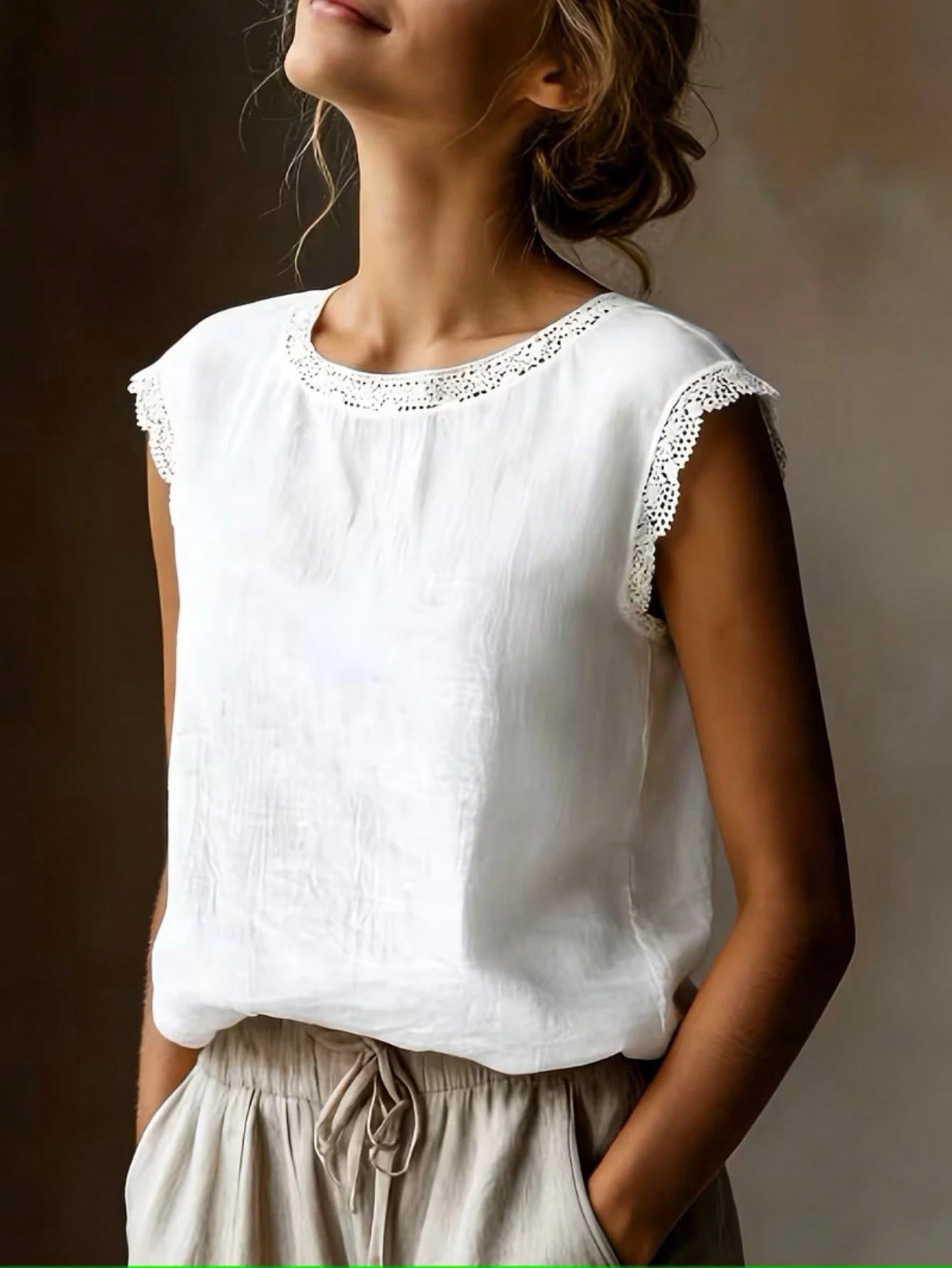 Vintage Linen Blend Short Sleeve Top For Women, Lace Patchwork Round Neck Loose Fit Breathable Linen Blend T-Shirt, Summer White, Minimalist