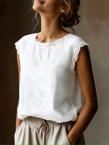 Vintage Linen Blend Short Sleeve Top For Women, Lace Patchwork Round Neck Loose Fit Breathable Linen Blend T-Shirt, Summer White, Minimalist