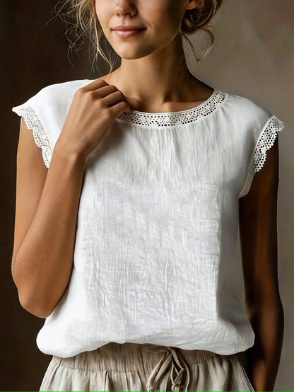 Vintage Linen Blend Short Sleeve Top For Women, Lace Patchwork Round Neck Loose Fit Breathable Linen Blend T-Shirt, Summer White, Minimalist