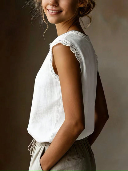 Vintage Linen Blend Short Sleeve Top For Women, Lace Patchwork Round Neck Loose Fit Breathable Linen Blend T-Shirt, Summer White, Minimalist