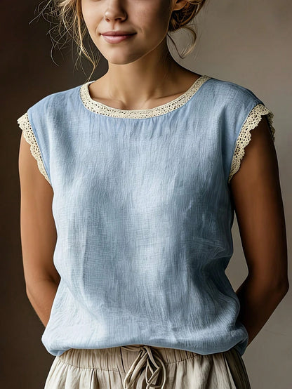 Vintage Linen Blend Short Sleeve Top For Women, Lace Patchwork Round Neck Loose Fit Breathable Linen Blend T-Shirt, Summer White, Minimalist