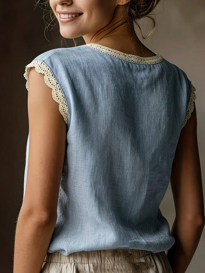 Vintage Linen Blend Short Sleeve Top For Women, Lace Patchwork Round Neck Loose Fit Breathable Linen Blend T-Shirt, Summer White, Minimalist