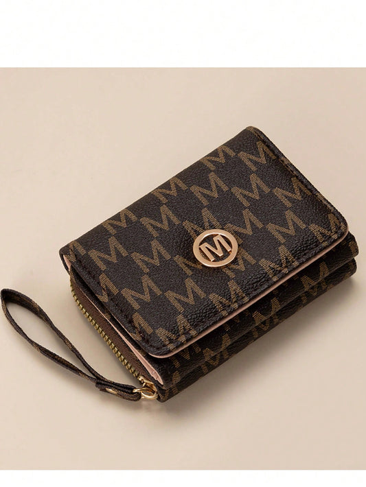 Vintage M Letter Print Short Wallet For Women, Metal Buckle, Multi-Card Slots, Zipper Coin Purse, Handheld Small Bag