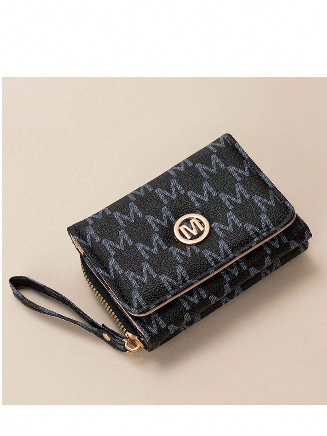 Vintage M Letter Print Short Wallet For Women, Metal Buckle, Multi-Card Slots, Zipper Coin Purse, Handheld Small Bag
