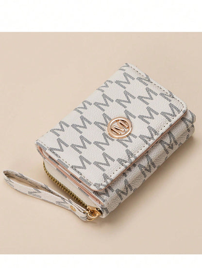 Vintage M Letter Print Short Wallet For Women, Metal Buckle, Multi-Card Slots, Zipper Coin Purse, Handheld Small Bag