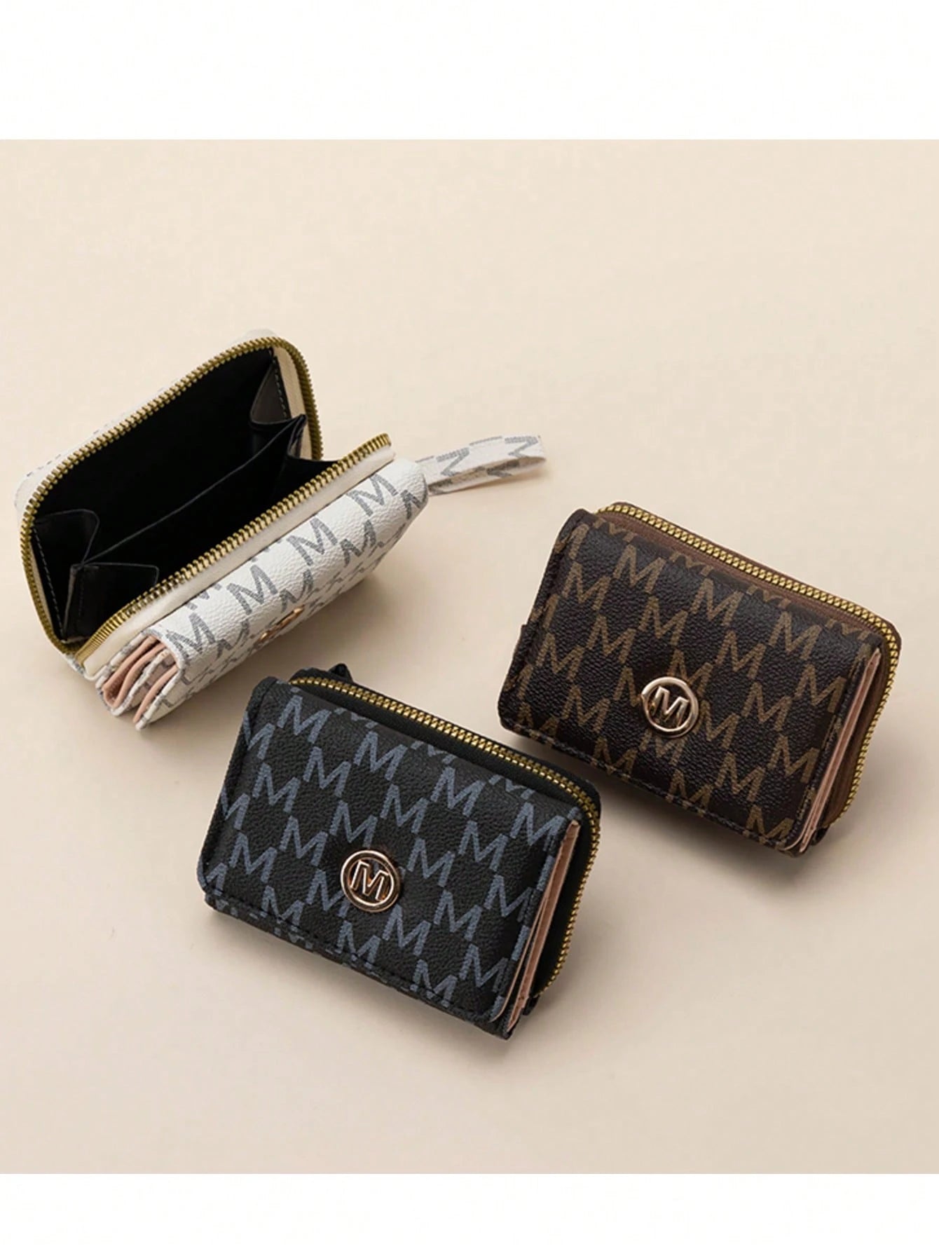 Vintage M Letter Print Short Wallet For Women, Metal Buckle, Multi-Card Slots, Zipper Coin Purse, Handheld Small Bag