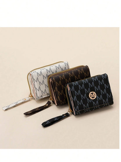Vintage M Letter Print Short Wallet For Women, Metal Buckle, Multi-Card Slots, Zipper Coin Purse, Handheld Small Bag