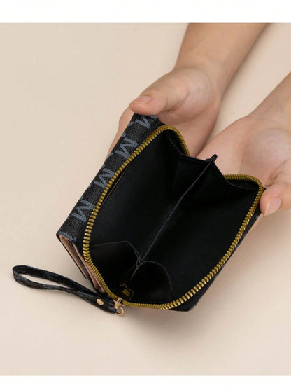 Vintage M Letter Print Short Wallet For Women, Metal Buckle, Multi-Card Slots, Zipper Coin Purse, Handheld Small Bag