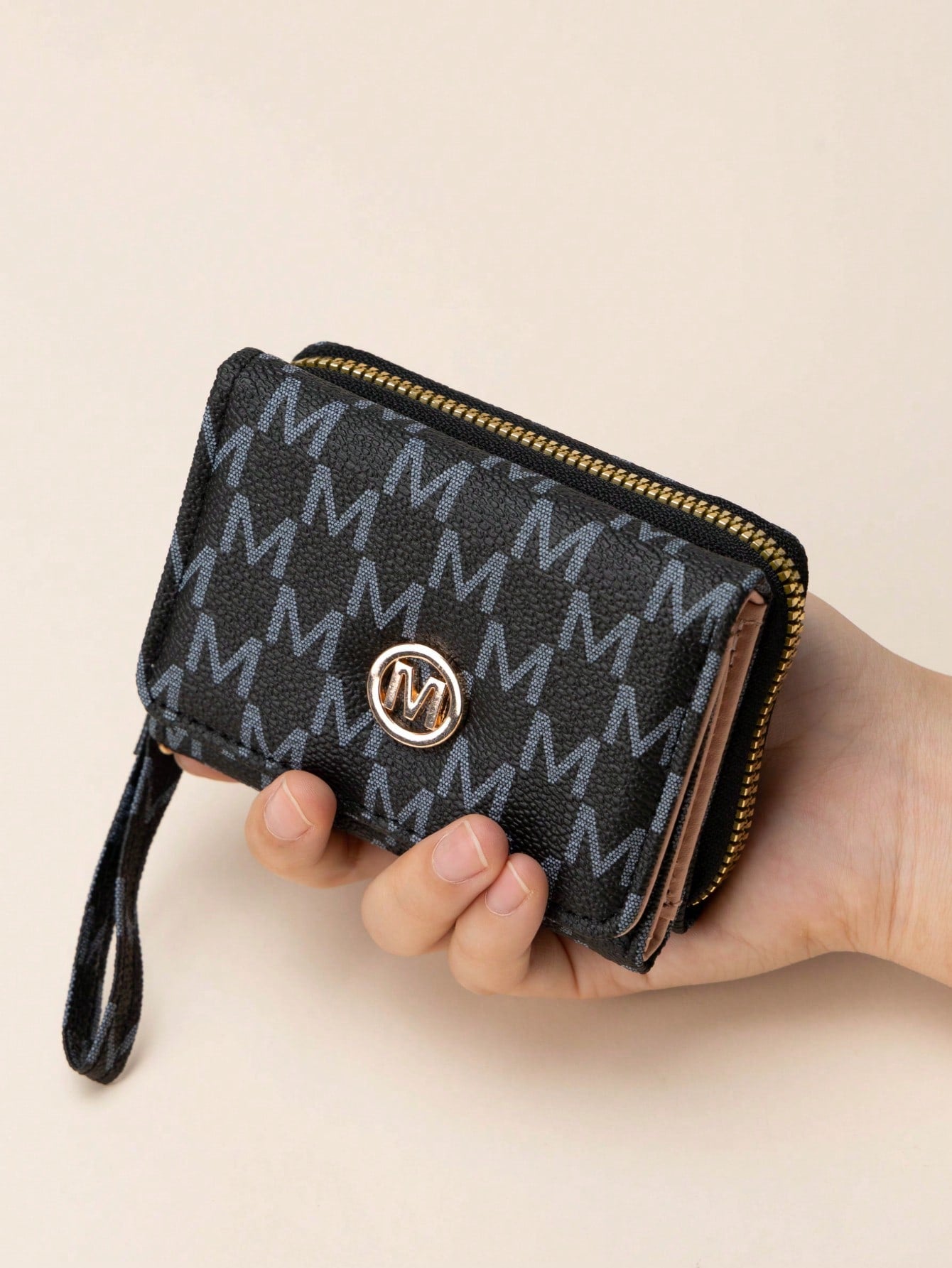 Vintage M Letter Print Short Wallet For Women, Metal Buckle, Multi-Card Slots, Zipper Coin Purse, Handheld Small Bag