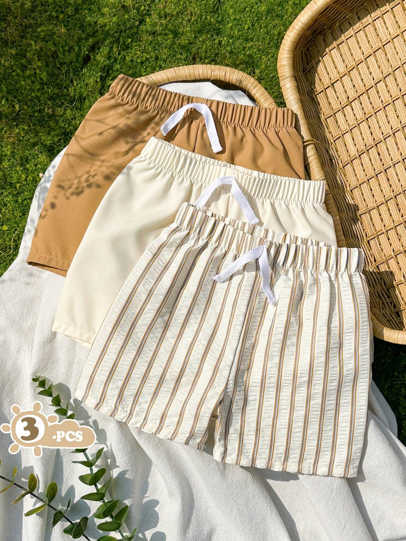 Vintaside Kids 3pcs Toddler Casual Shorts Set,Khaki Solid,Light Brown Striped Pattern & Pure White Straight Leg Drawstring Shorts,Soft & Clean Suitable For Summer