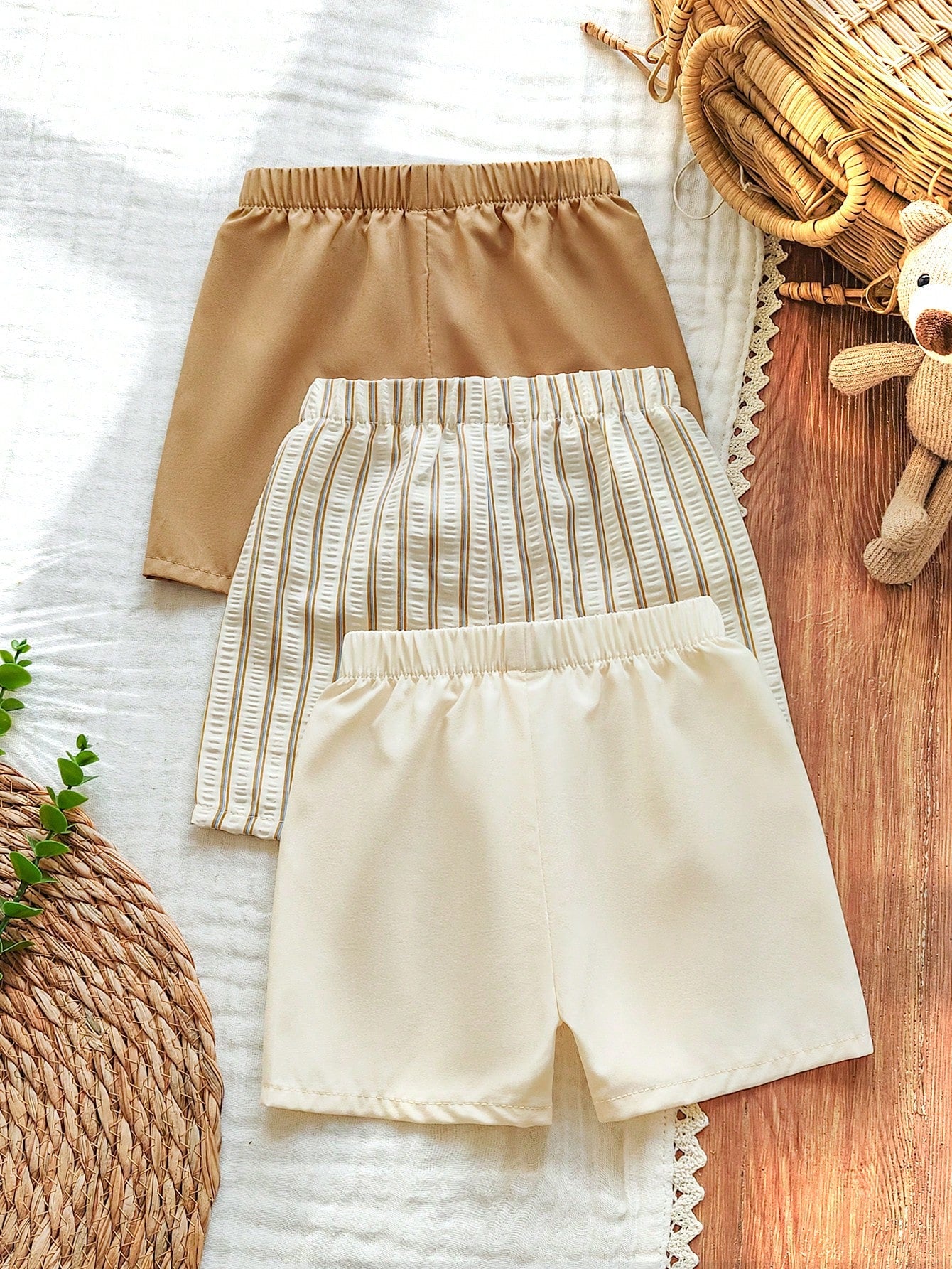 Vintaside Kids 3pcs Toddler Casual Shorts Set,Khaki Solid,Light Brown Striped Pattern & Pure White Straight Leg Drawstring Shorts,Soft & Clean Suitable For Summer